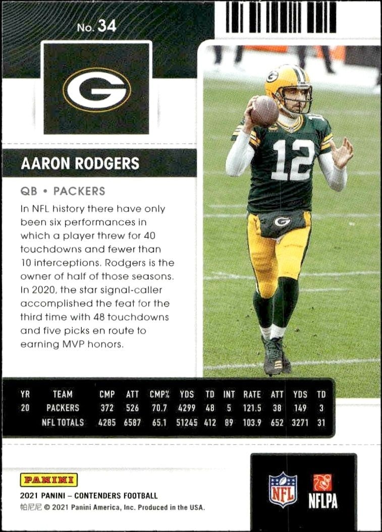 2021 Panini Contenders Aaron Rodgers #34 football trading card back
