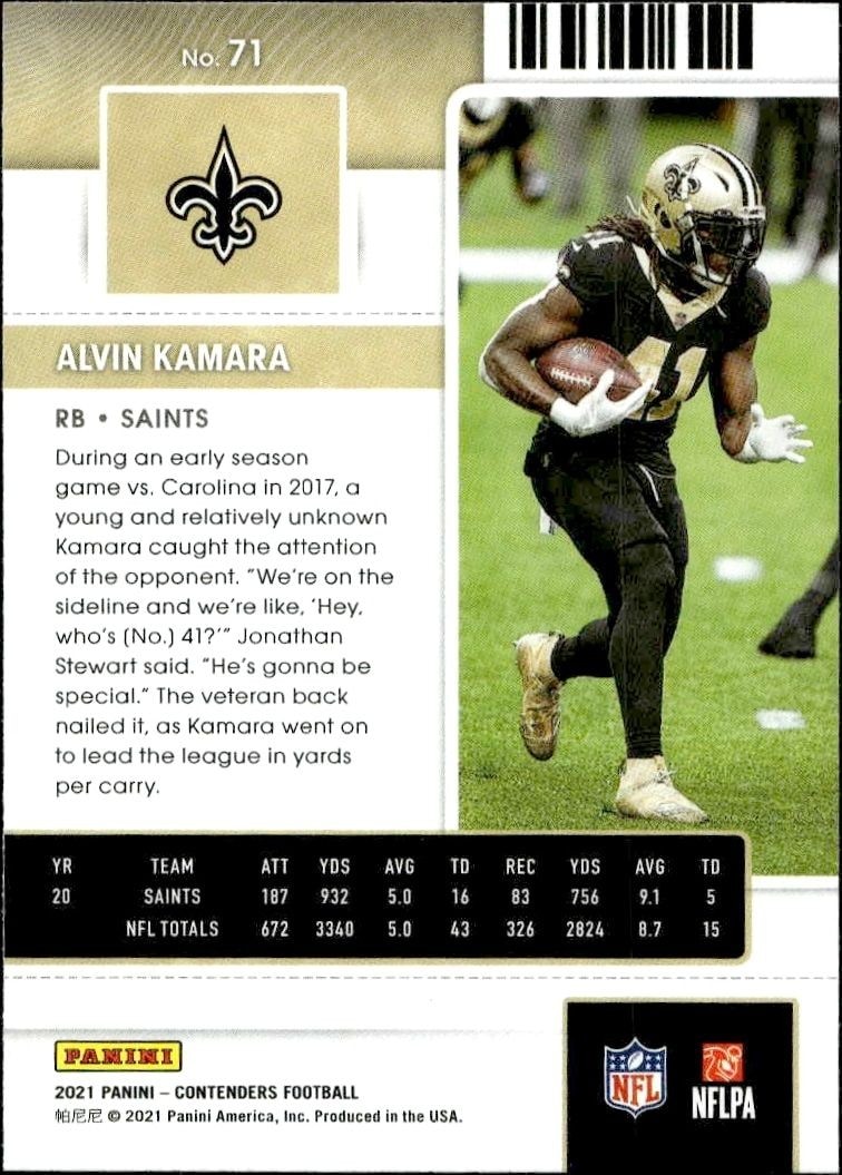 2021 Panini Contenders Alvin Kamara #71 football trading card back