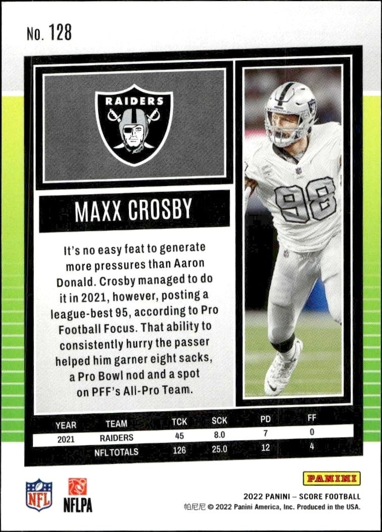 2022 Panini Score Maxx Crosby #128 football trading card back