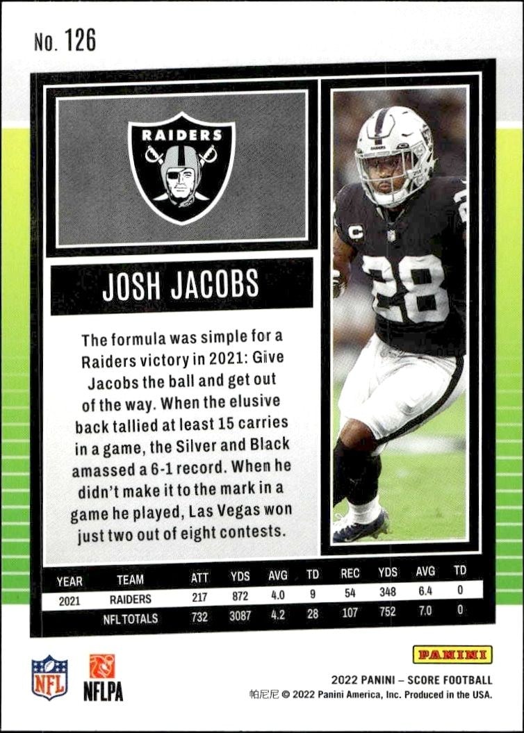 2022 Panini Score Josh Jacobs #126 football trading card back
