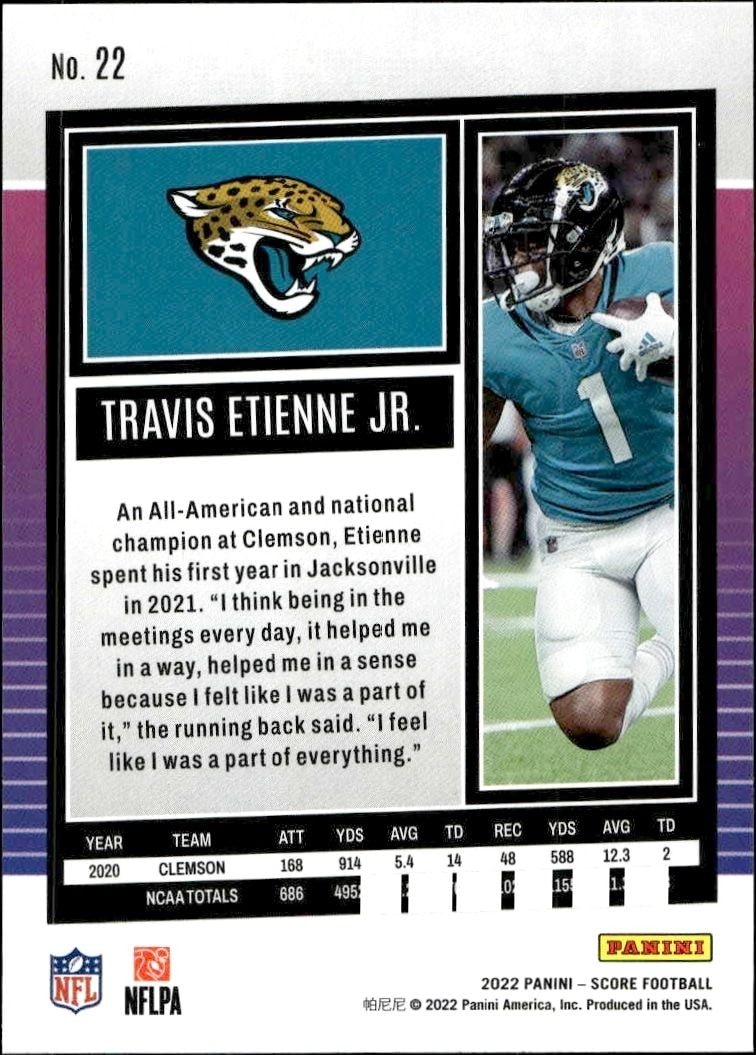 2022 Panini Score Travis Etienne Jr. #22 football trading card back