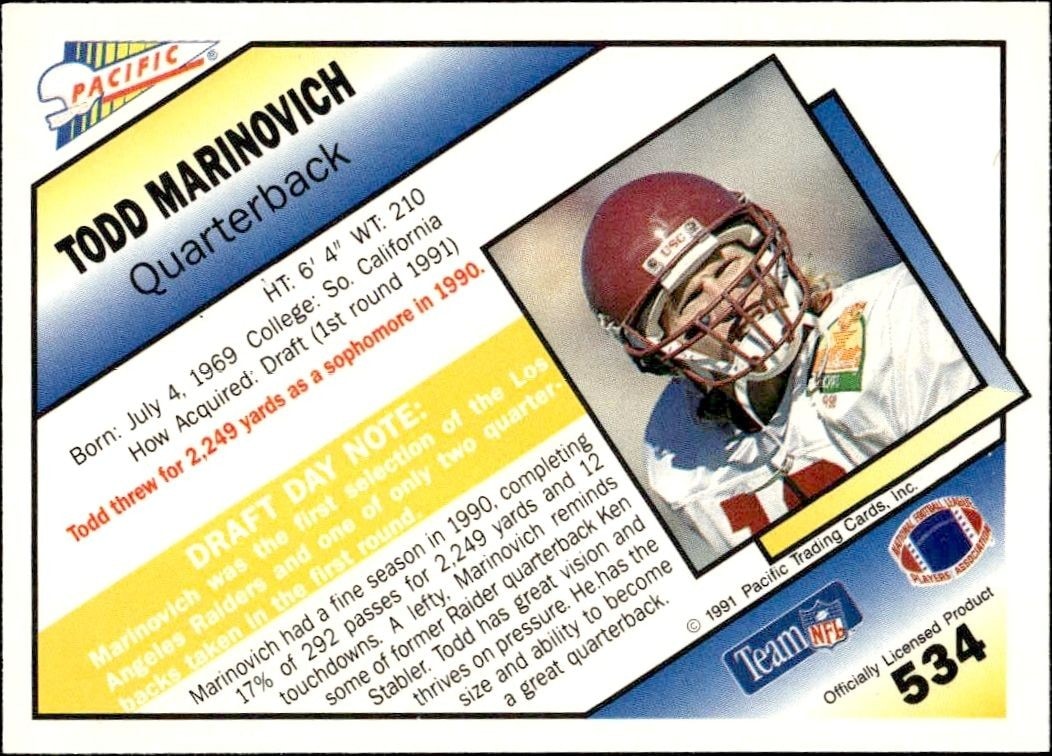1991 Pacific Todd Marinovich #189 football trading card back