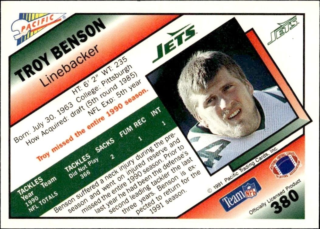 1991 Pacific Troy Benson #380 football trading card back