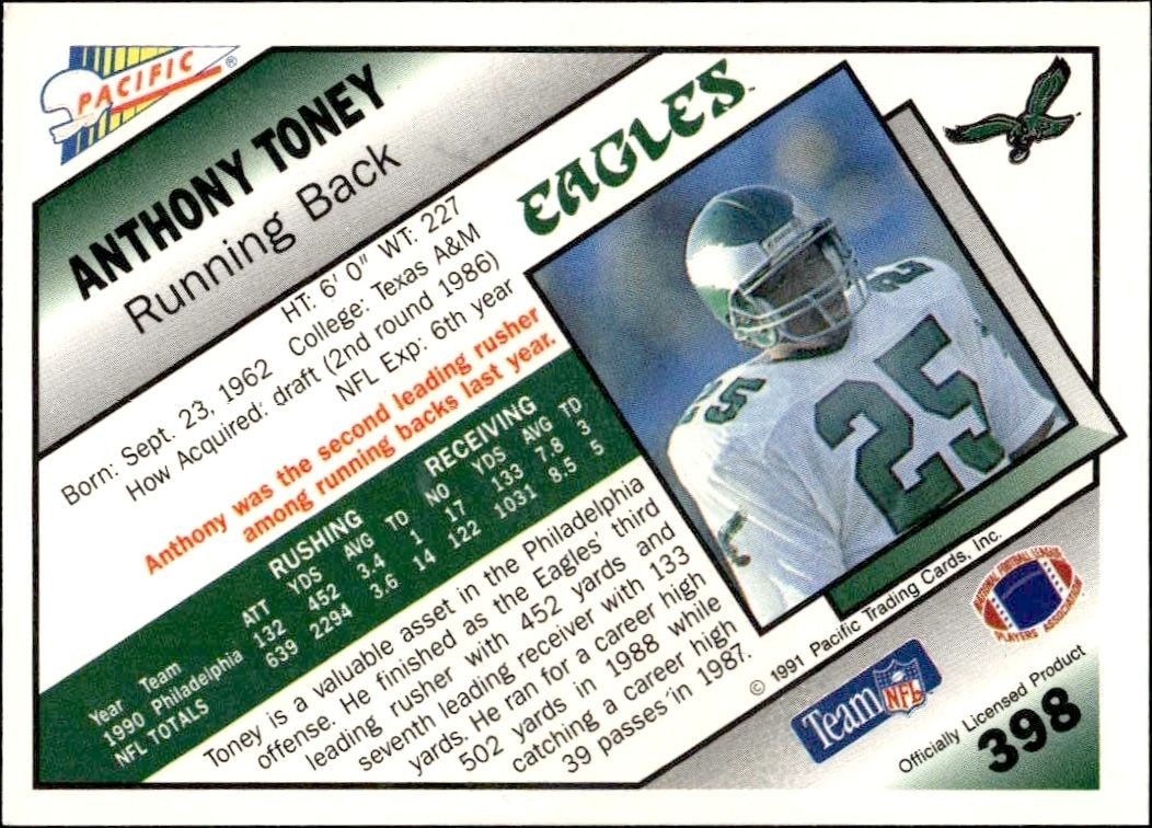 1991 Pacific Anthony Toney #398 football trading card back