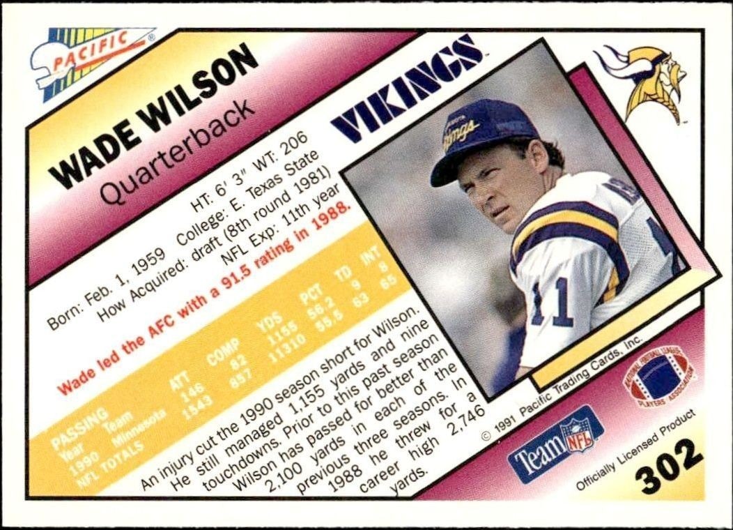 1991 Pacific Wade Wilson #302 football trading card back