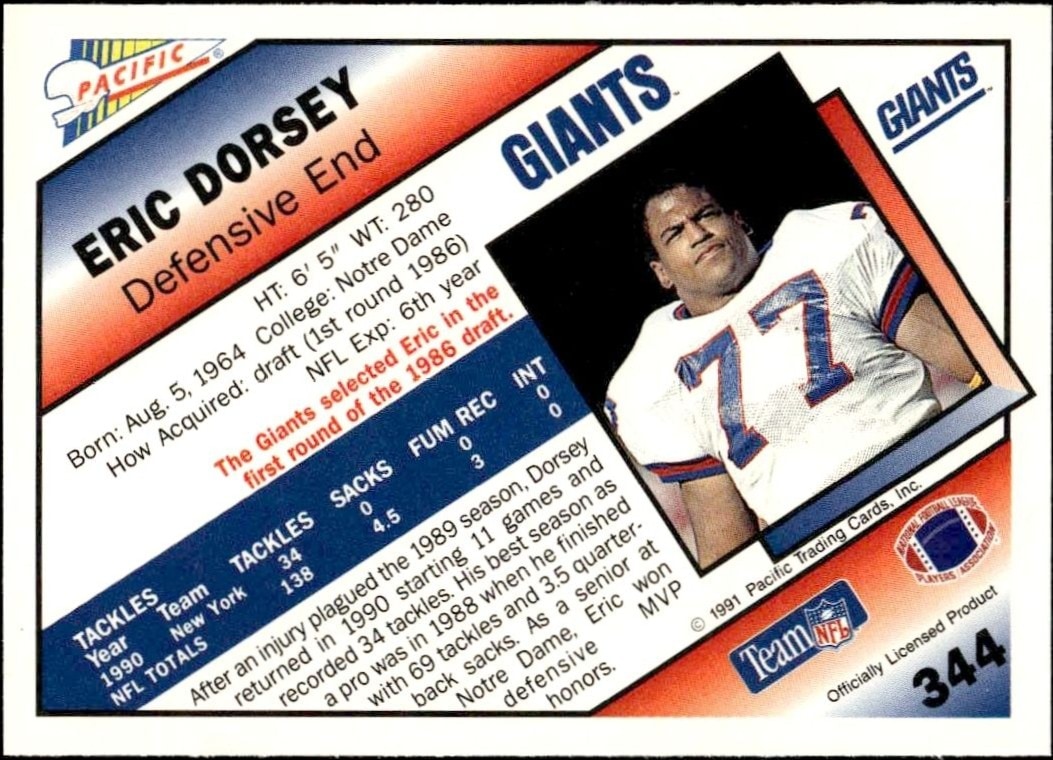 1991 Pacific Eric Dorsey #344 football trading card back