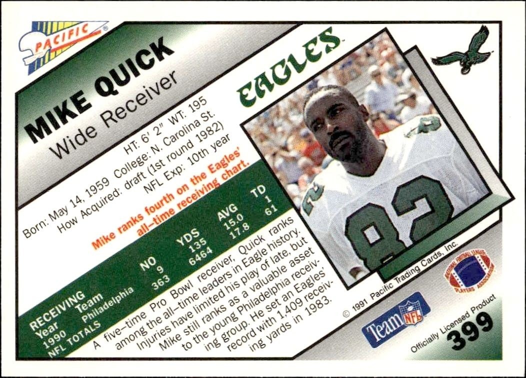 1991 Pacific Mike Quick #399 football trading card back