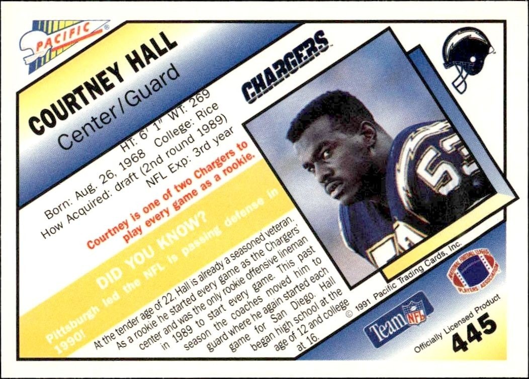 1991 Pacific Courtney Hall #445 football trading card back