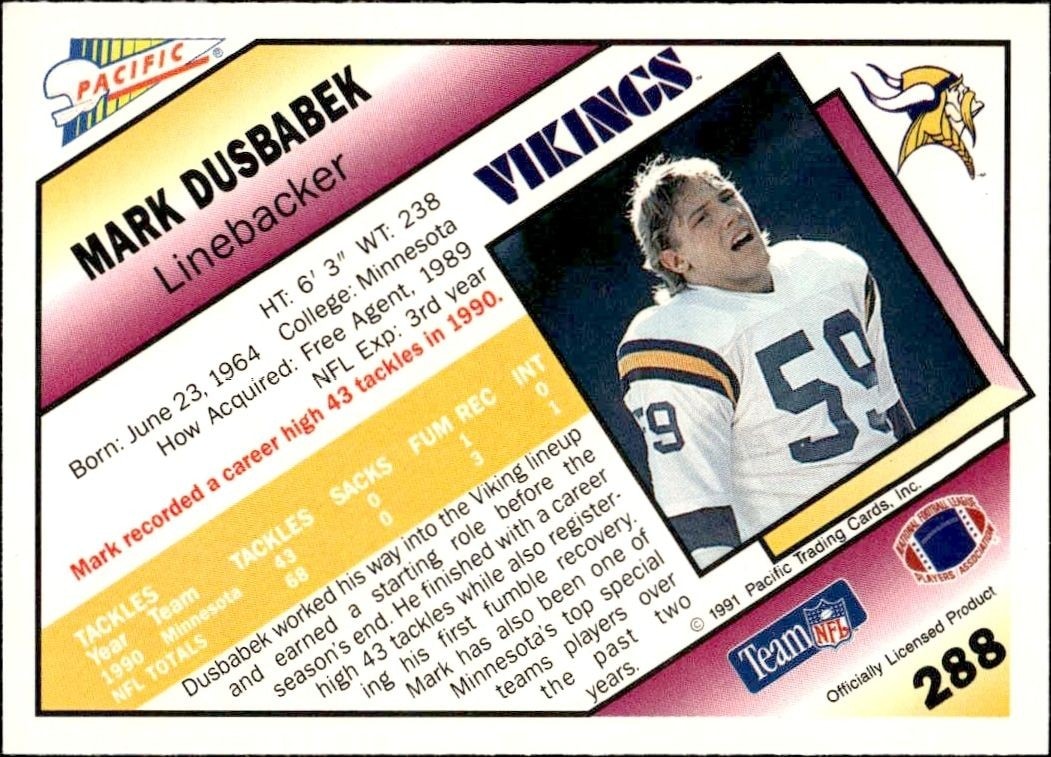 1991 Pacific Mark Dusbabek #288 football trading card back
