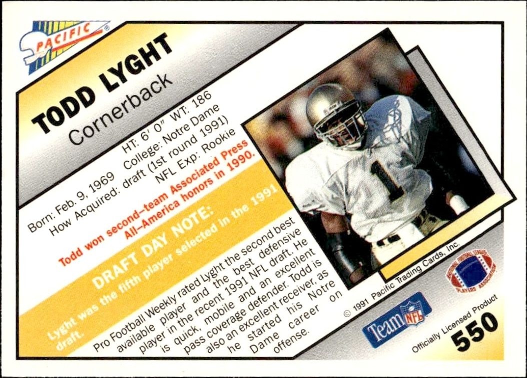 1991 Pacific Todd Lyght #550 football trading card back
