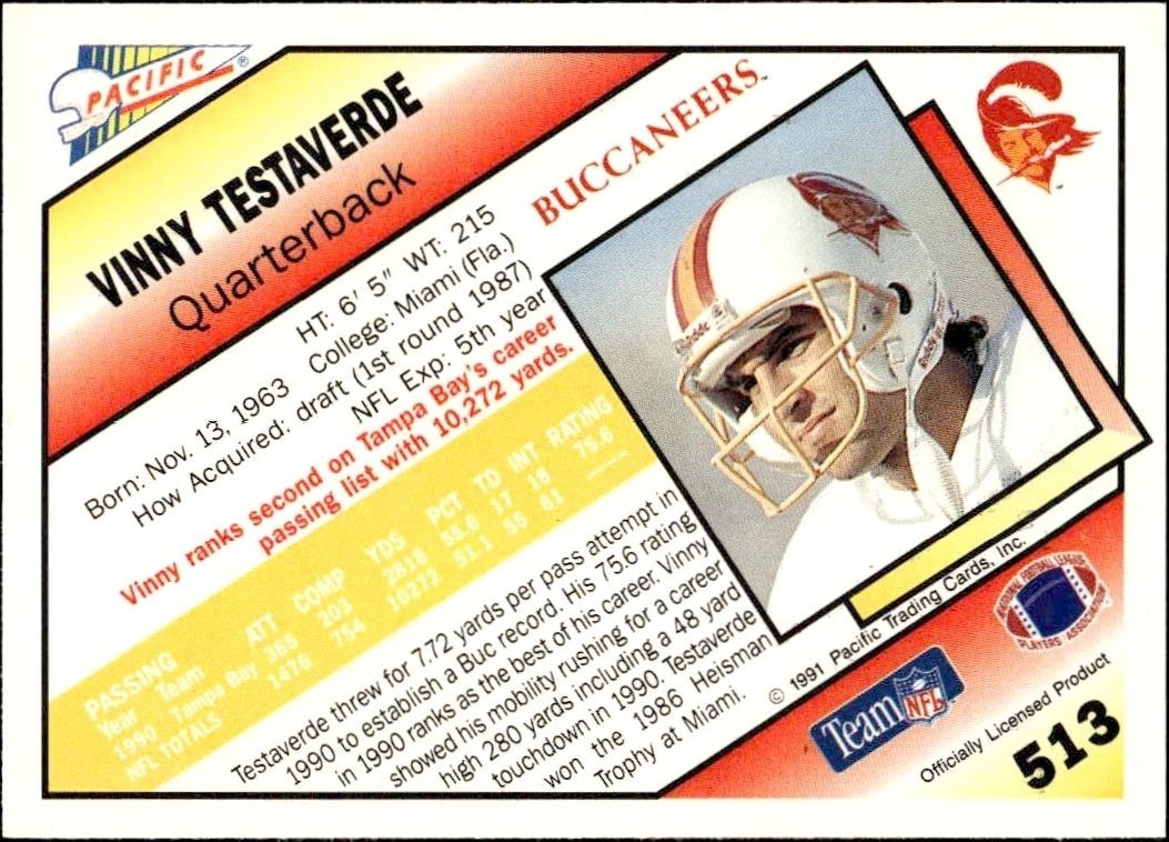 1991 Pacific Vinny Testaverde #513 football trading card back