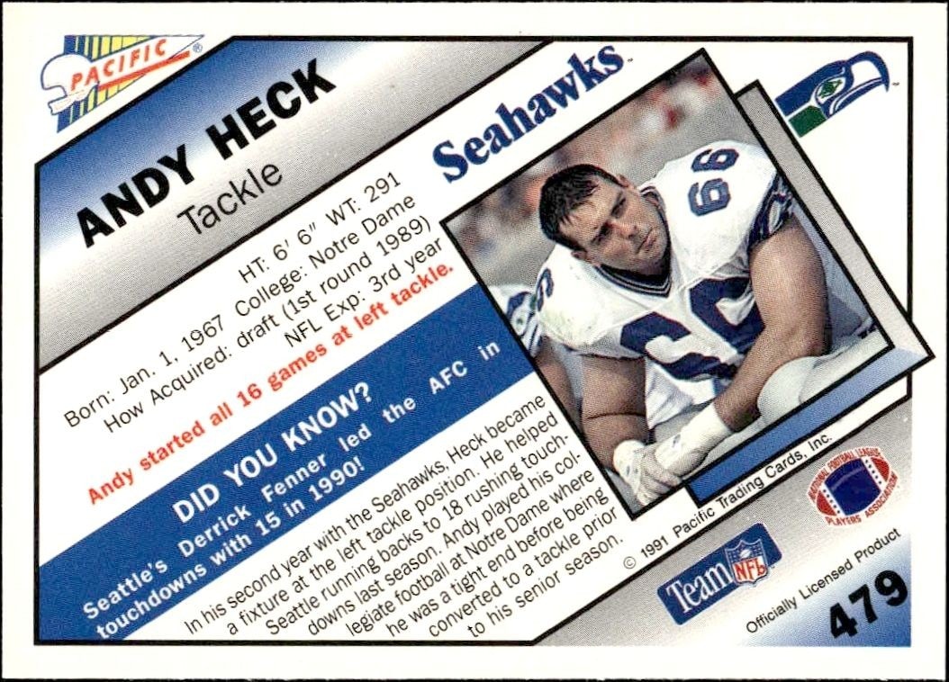 1991 Pacific Andy Heck #479 football trading card back