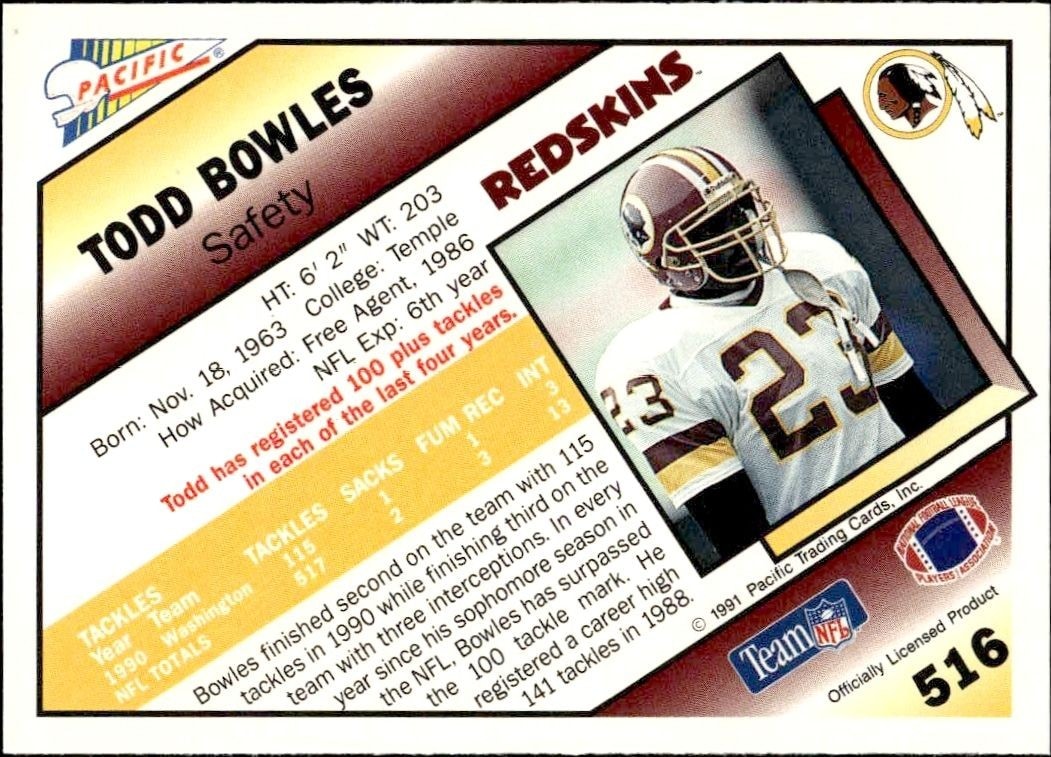 1991 Pacific Todd Bowles #516 football trading card back