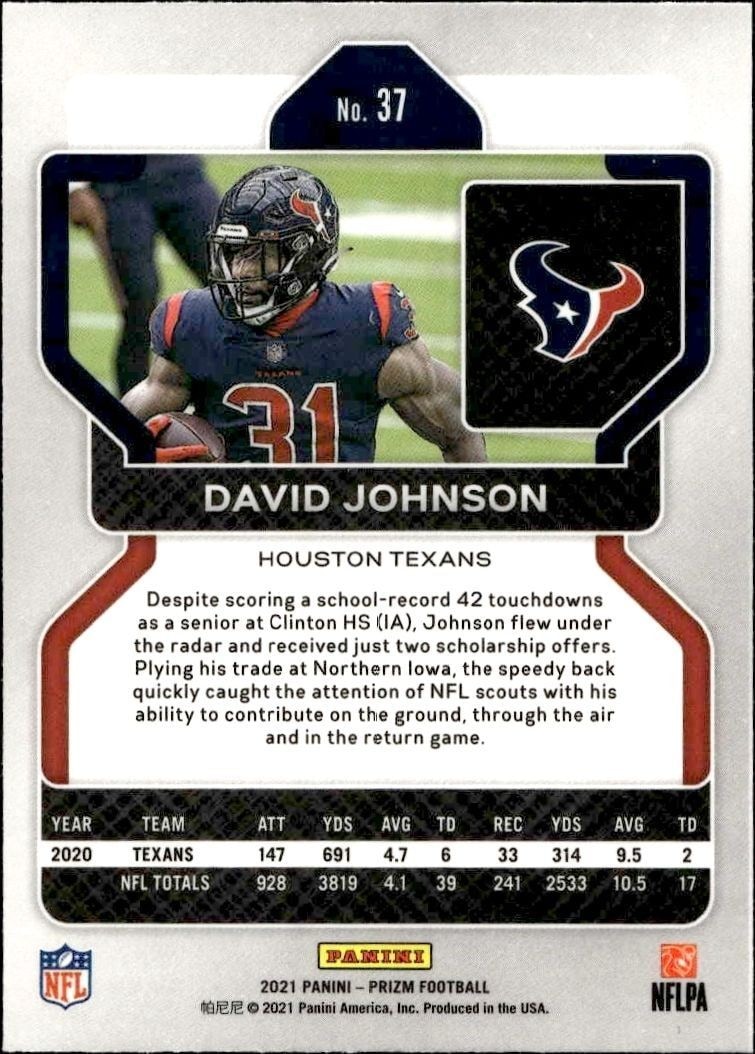 2022 Panini Prizm David Johnson #37 football trading card back