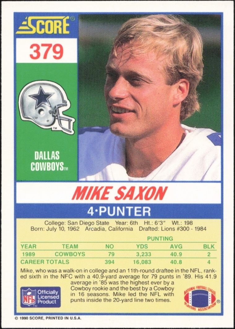 1990 Score Mike Saxon #379 football trading card back