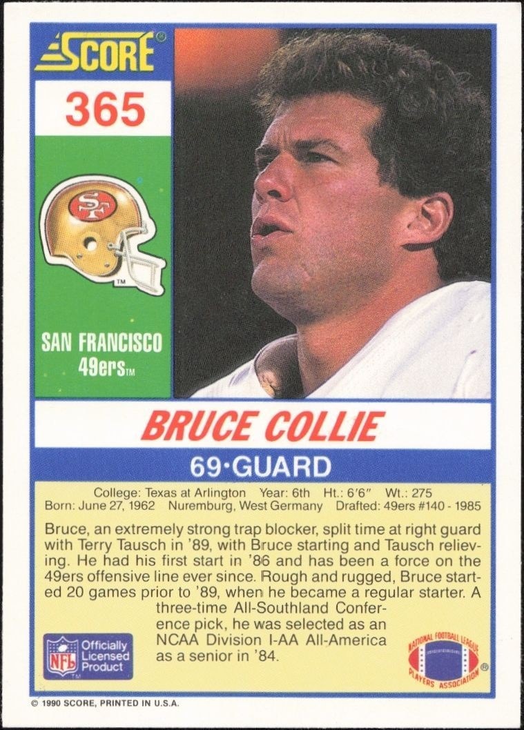 1990 Score Bruce Collie #365 football trading card back