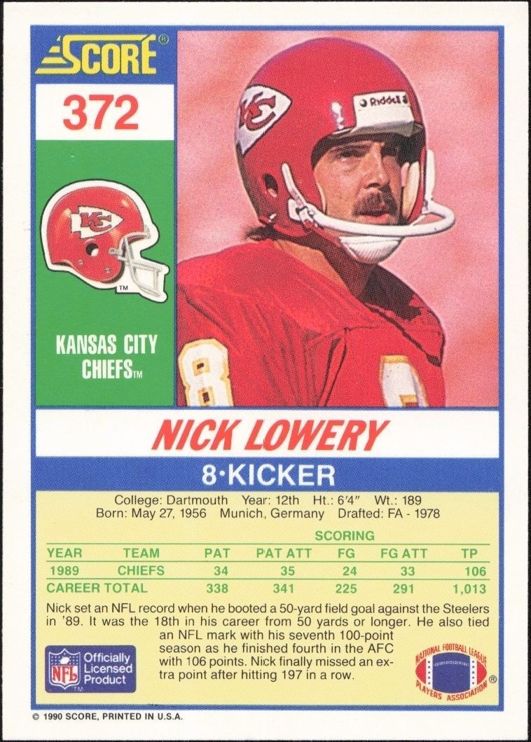 1990 Score Nick Lowery #372 football trading card back