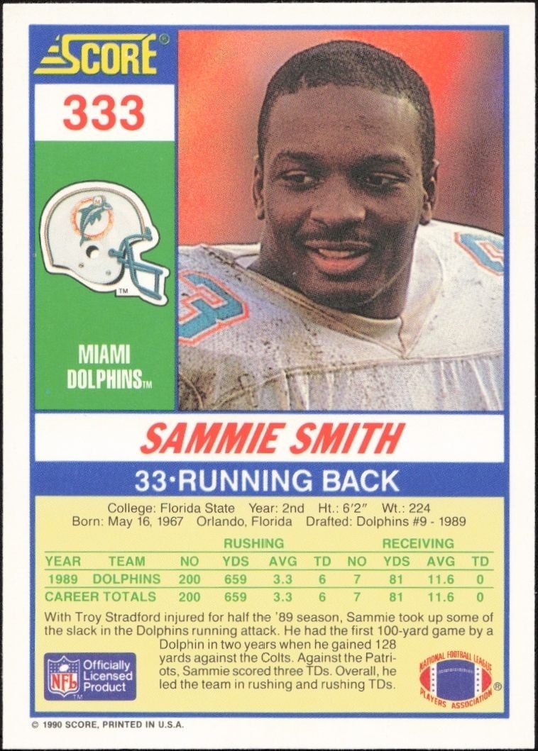 1990 Score Sammie Smith #333 football trading card back