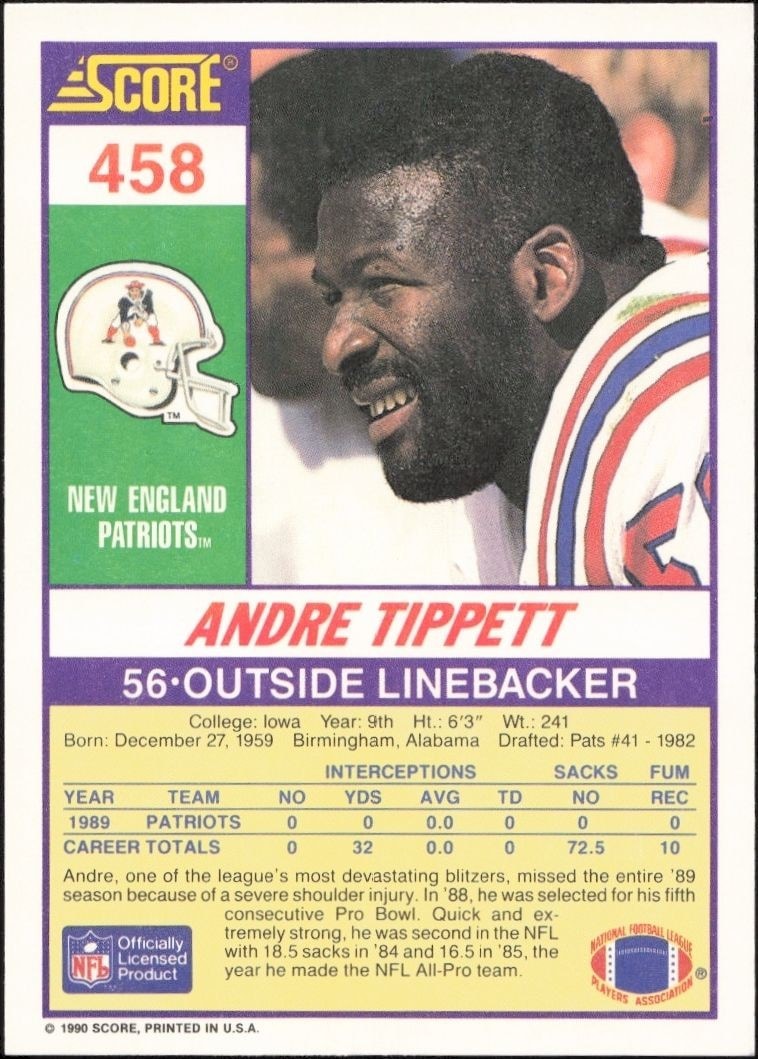 1990 Score Andre Tippett #458 football trading card back