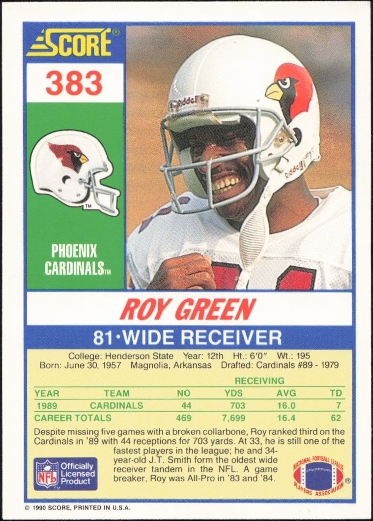 1990 Score Roy Green #383 football trading card back