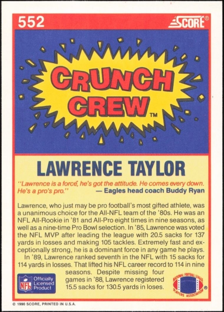 1990 Score Lawrence Taylor #552 football trading card back
