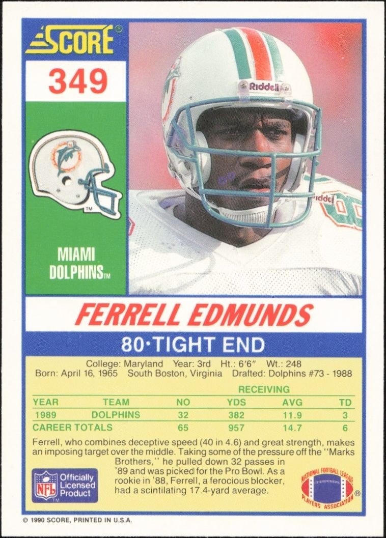 1990 Score Ferrell Edmunds #349 football trading card back