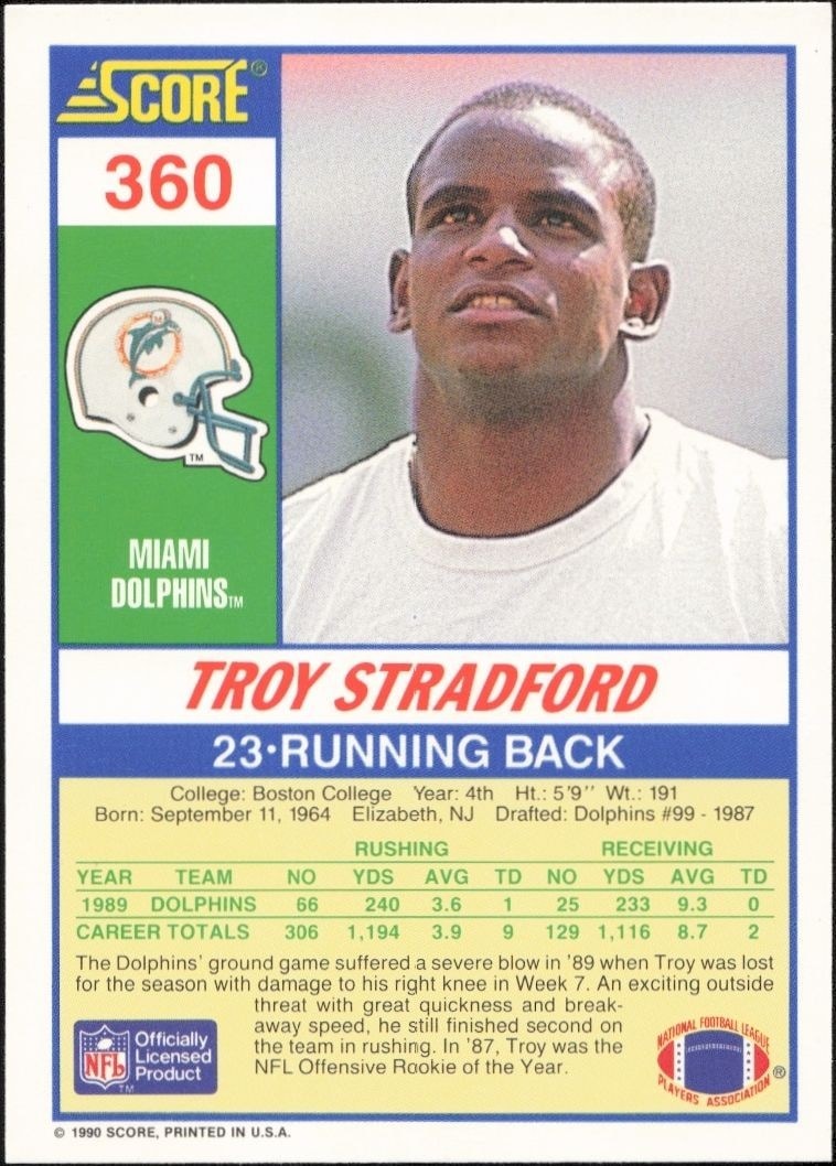 1990 Score Troy Stradford #360 football trading card back