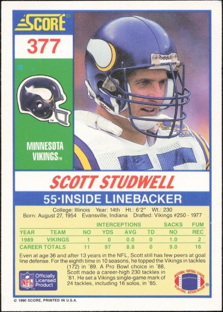 1990 Score Scott Studwell #377 football trading card back