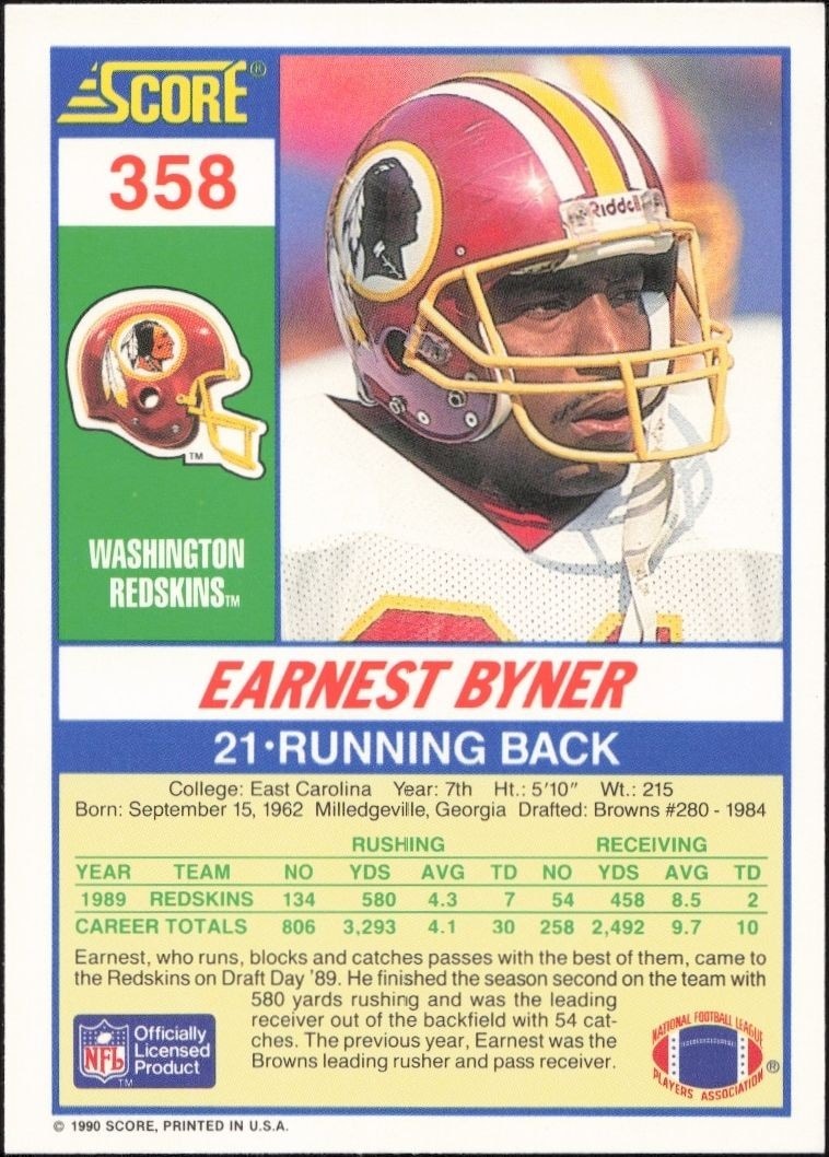 1990 Score Earnest Byner #358 football trading card back