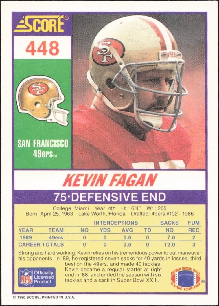 1990 Score Kevin Fagan #448 football trading card back