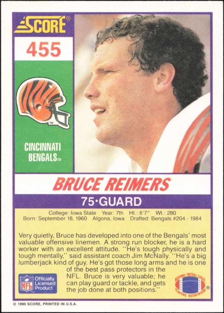 1990 Score Bruce Reimers #455 football trading card back