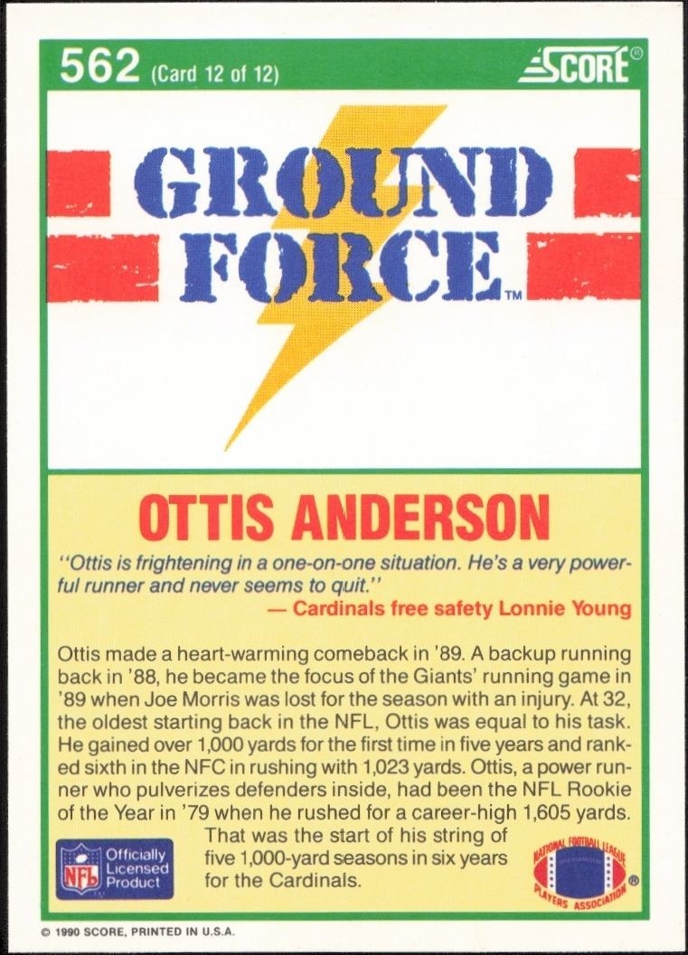 1990 Score Ottis Anderson #562 football trading card back