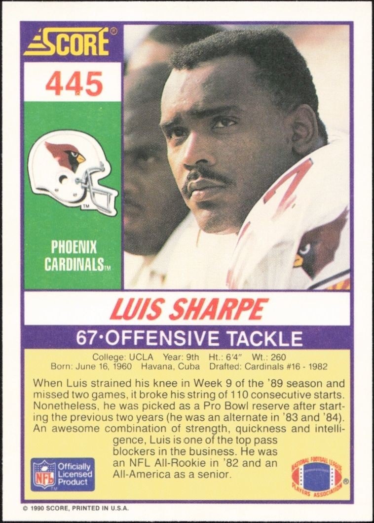 1990 Score Luis Sharpe #445 football trading card back