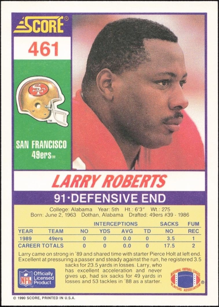 1990 Score Larry Roberts #461 football trading card back