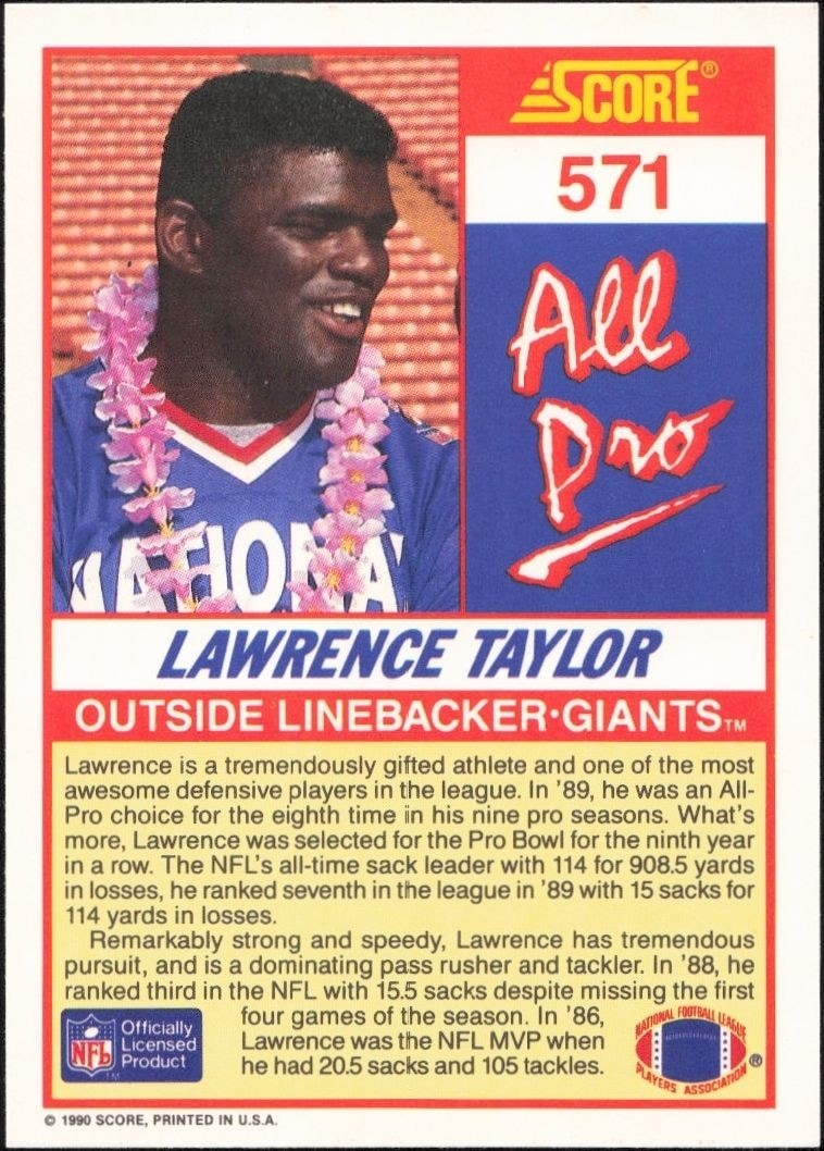1990 Score Lawrence Taylor #571 football trading card back
