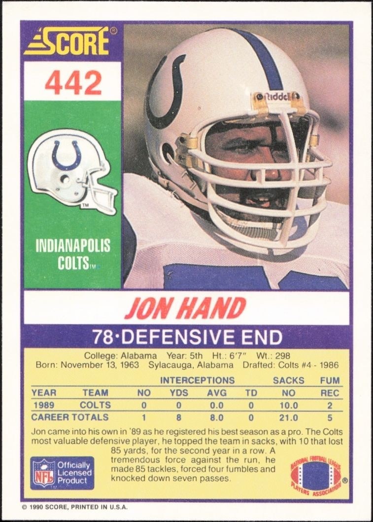 1990 Score Jon Hand #442 football trading card back