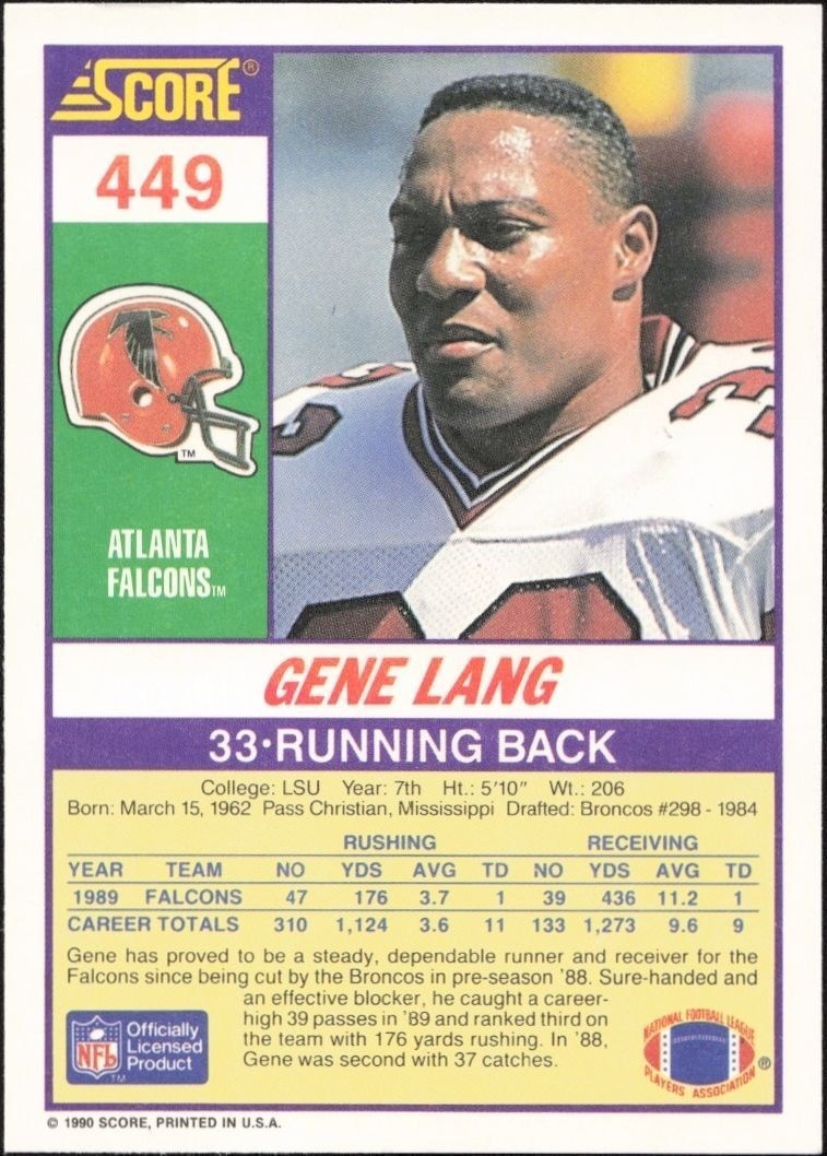 1990 Score Gene Lang #449 football trading card back