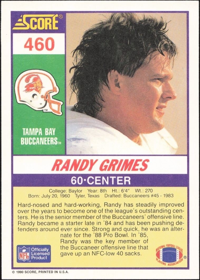 1990 Score Randy Grimes #460 football trading card back