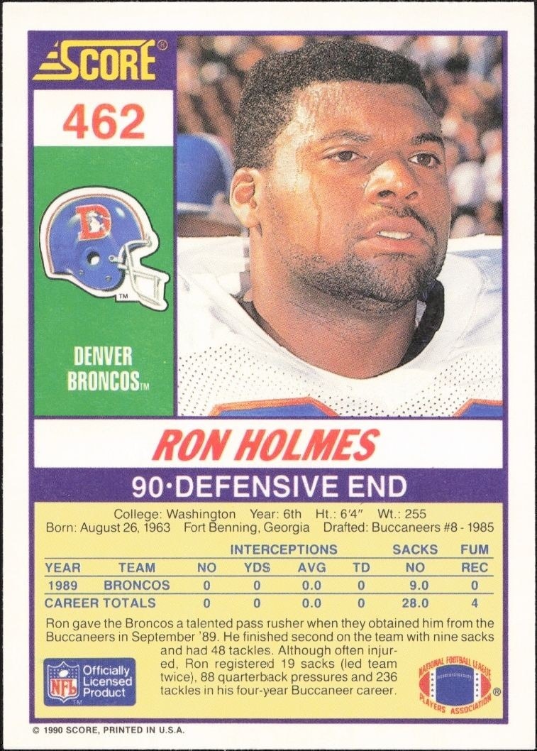 1990 Score Ron Holmes #462 football trading card back