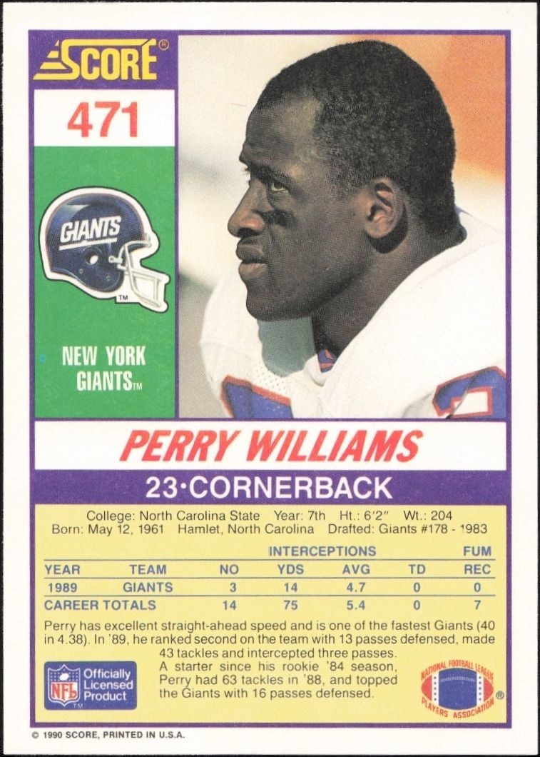 1990 Score Perry Williams #471 football trading card back