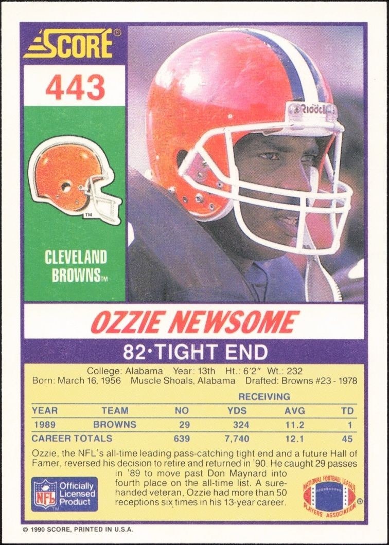 1990 Score Ozzie Newsome #443 football trading card back