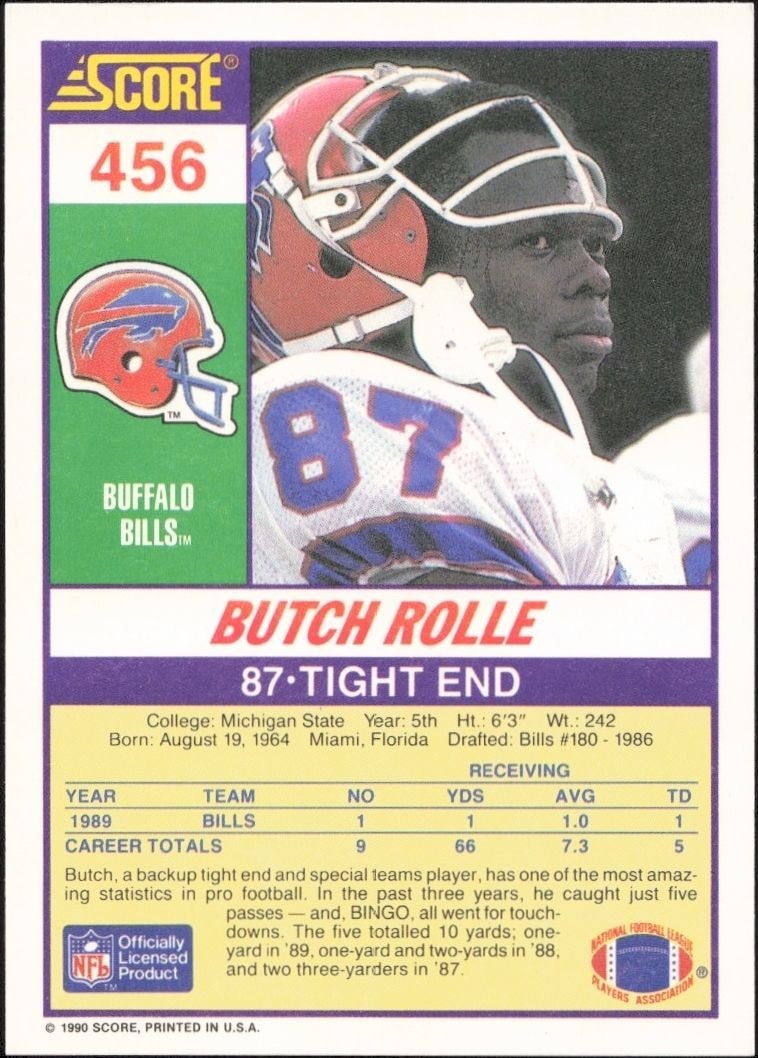 1990 Score Butch Rolle #456 football trading card back