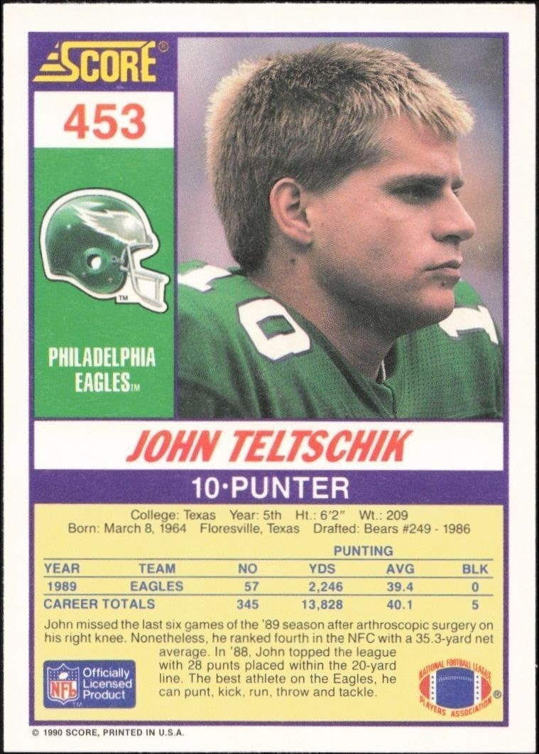 1990 Score John Teltschik #453 football trading card back