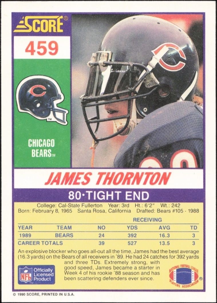1990 Score James Thornton #459 football trading card back