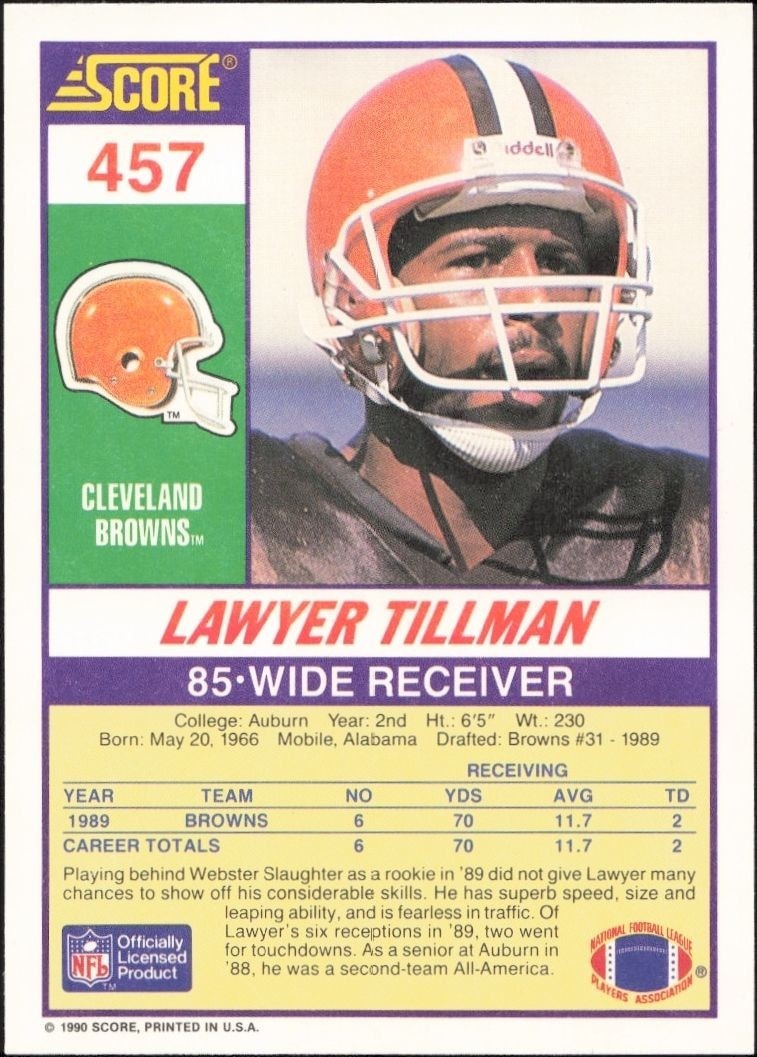 1990 Score Lawyer Tillman #457 football trading card back