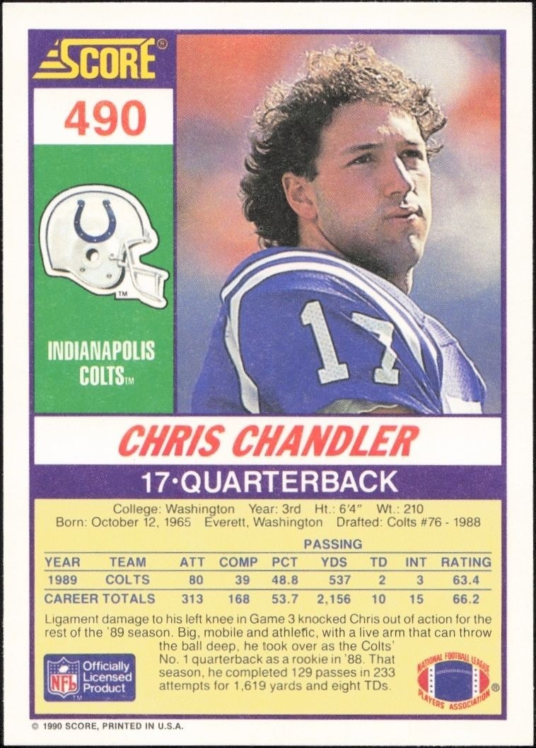 1990 Score Chris Chandler #490 football trading card back