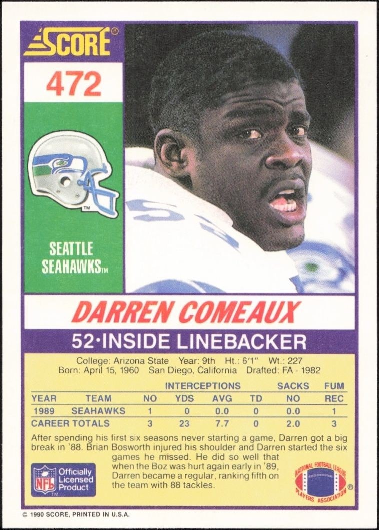 1990 Score Darren Comeaux #472 football trading card back