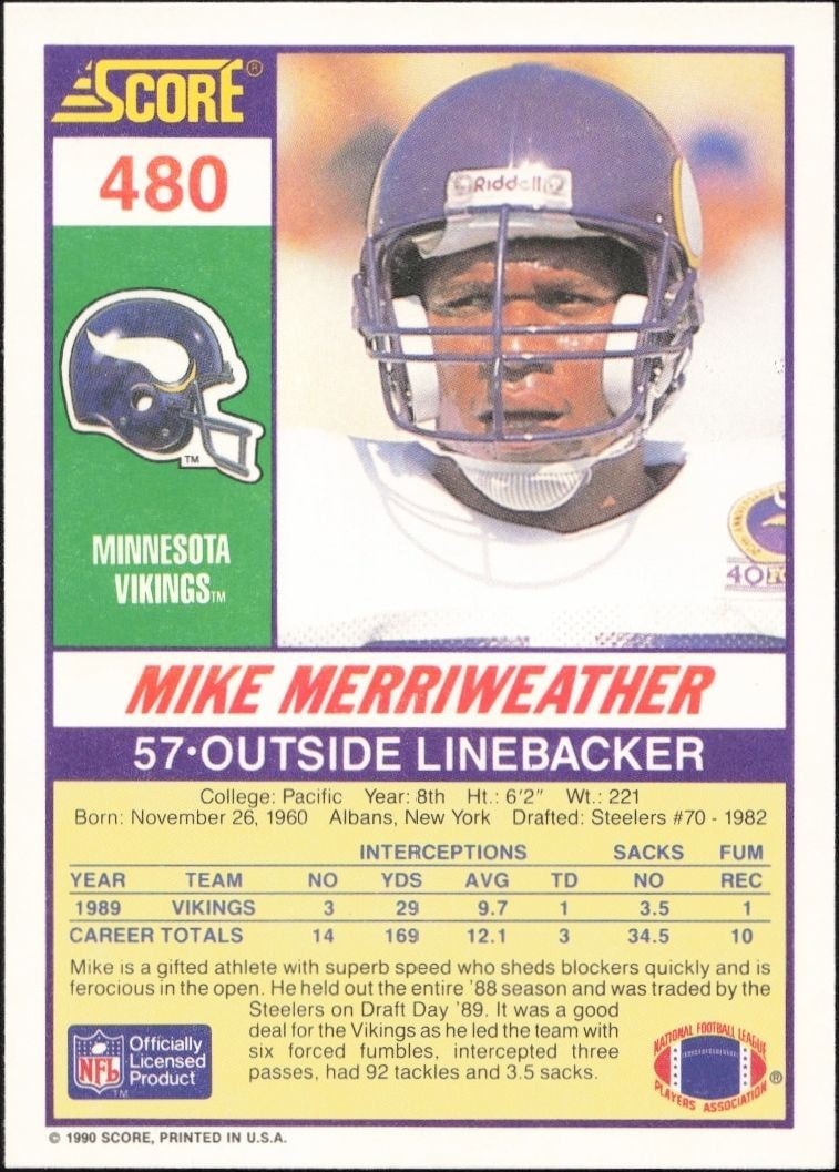 1990 Score Mike Merriweather #480 football trading card back