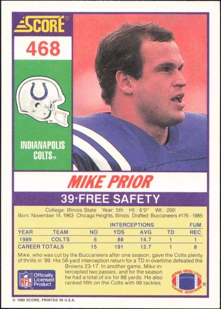 1990 Score Mike Prior #468 football trading card back