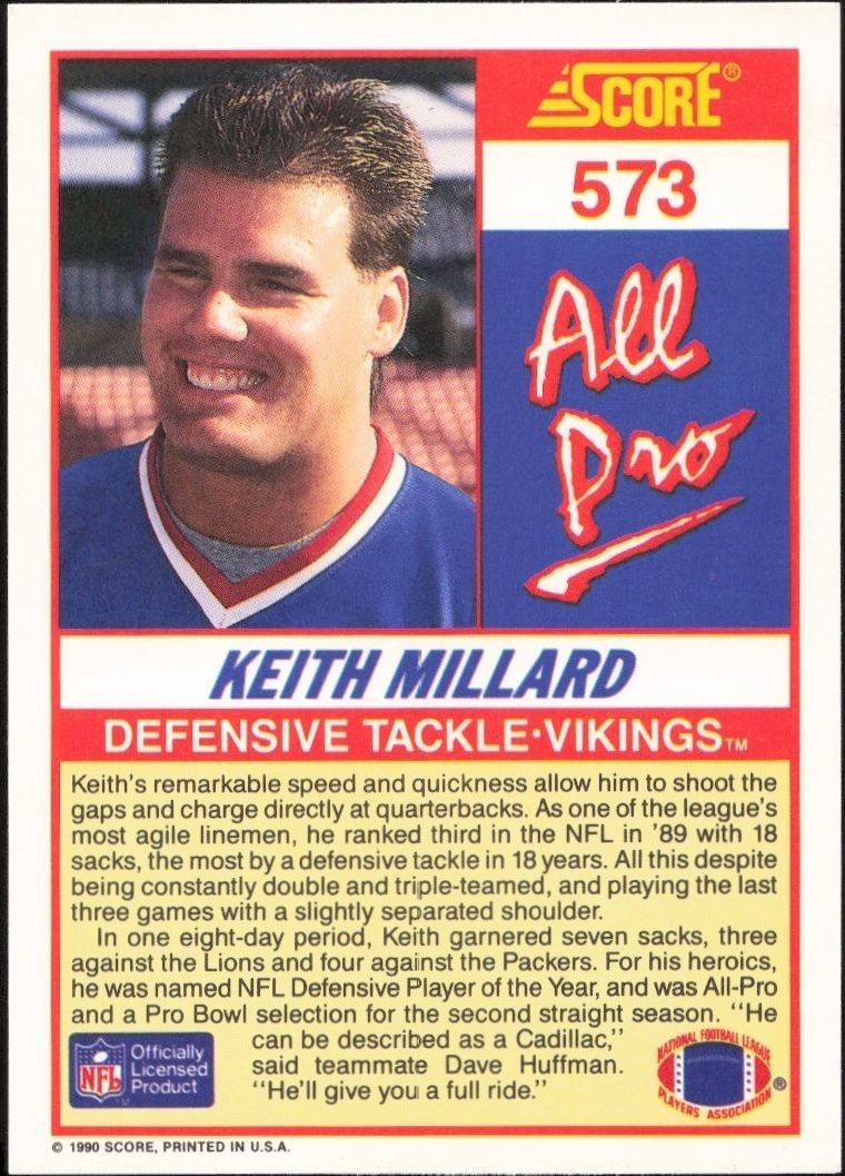 1990 Score Keith Millard #573 football trading card back